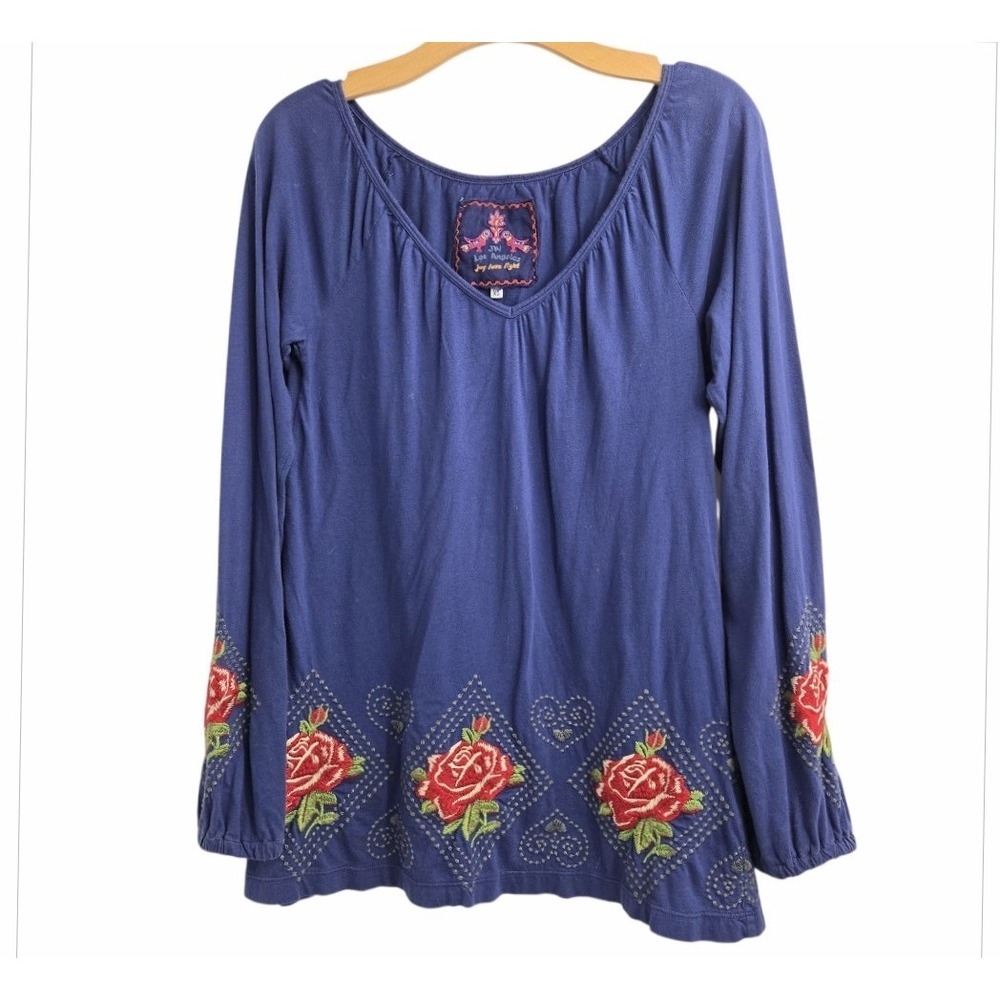 Johnny Was Shirt Womans XS Navy Blue Floral Rose Embroidered Long  Sleeve‎ Top